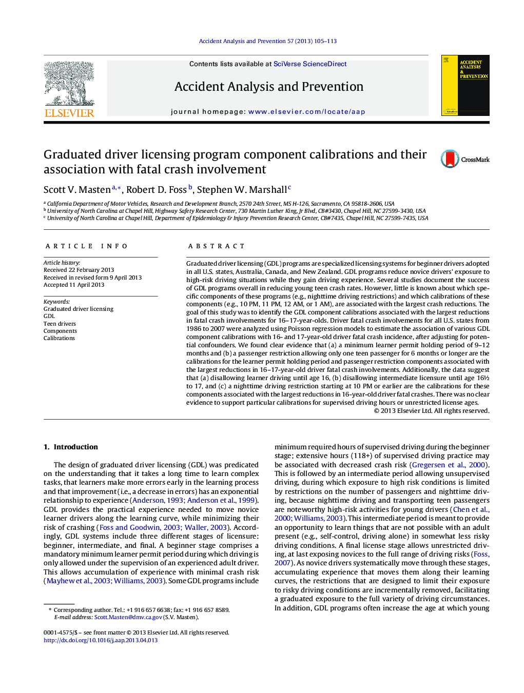 Graduated driver licensing program component calibrations and their association with fatal crash involvement