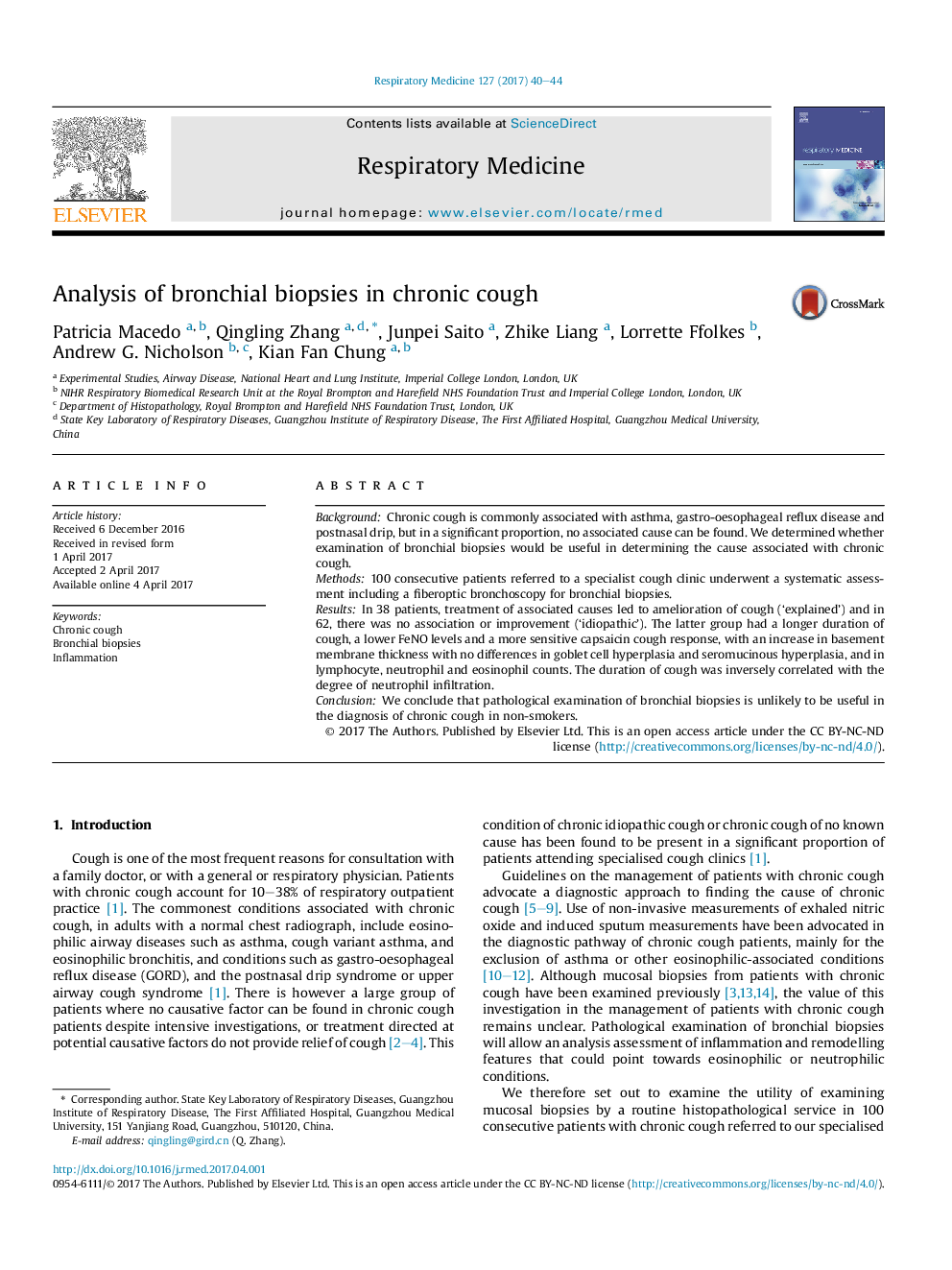 Analysis of bronchial biopsies in chronic cough