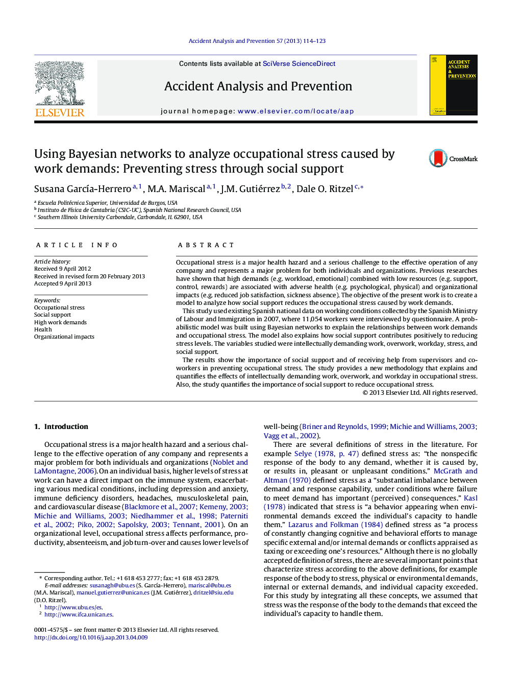 Using Bayesian networks to analyze occupational stress caused by work demands: Preventing stress through social support