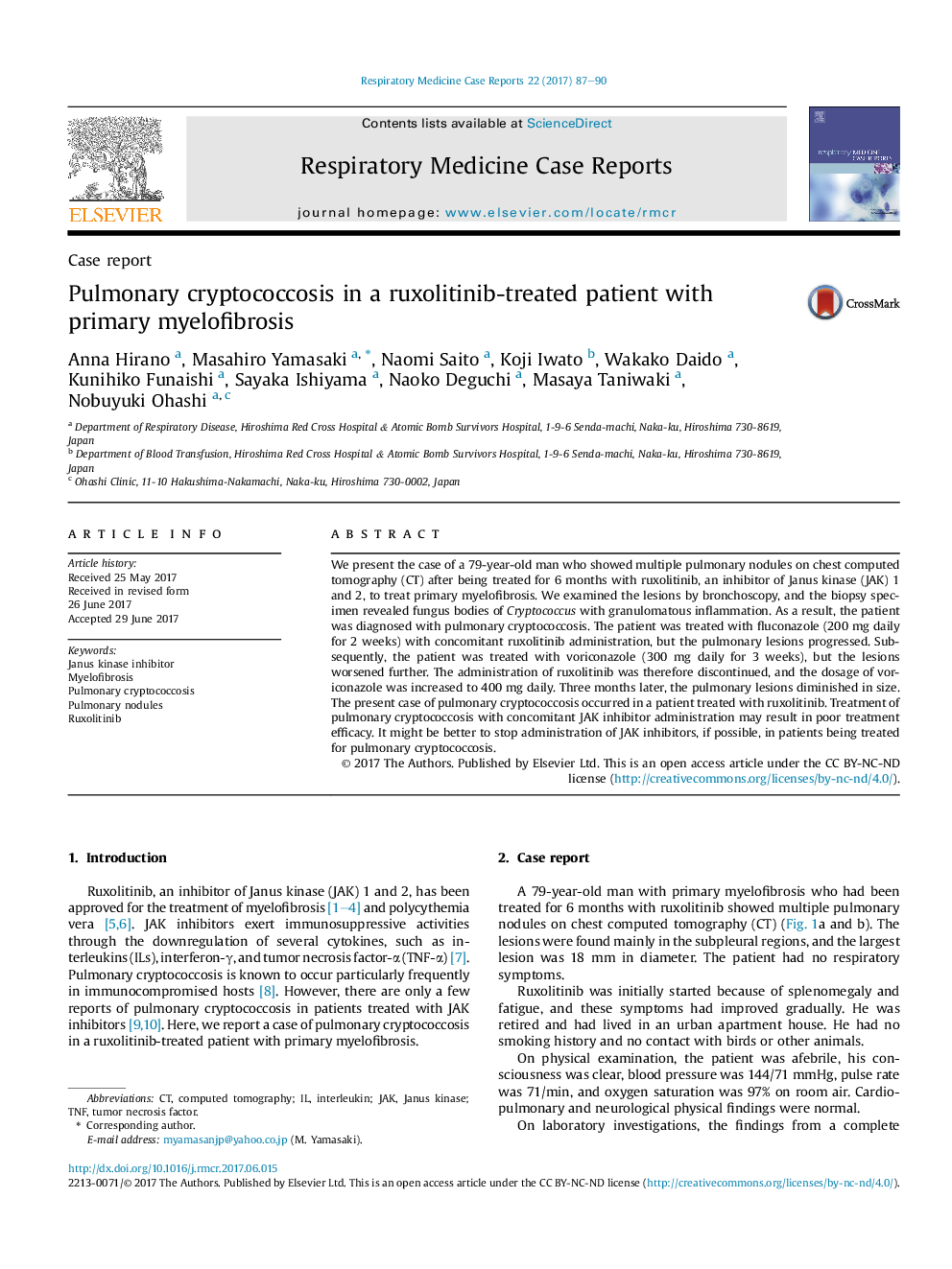 Case reportPulmonary cryptococcosis in a ruxolitinib-treated patient with primary myelofibrosis