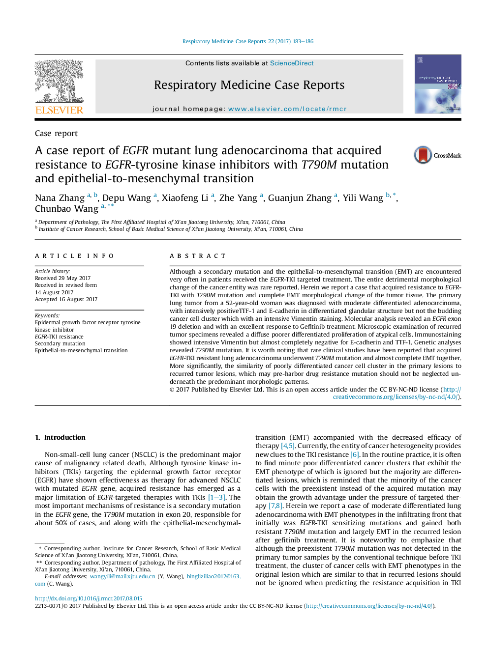 Case reportA case report of EGFR mutant lung adenocarcinoma that acquired resistance to EGFR-tyrosine kinase inhibitors with T790M mutation and epithelial-to-mesenchymal transition