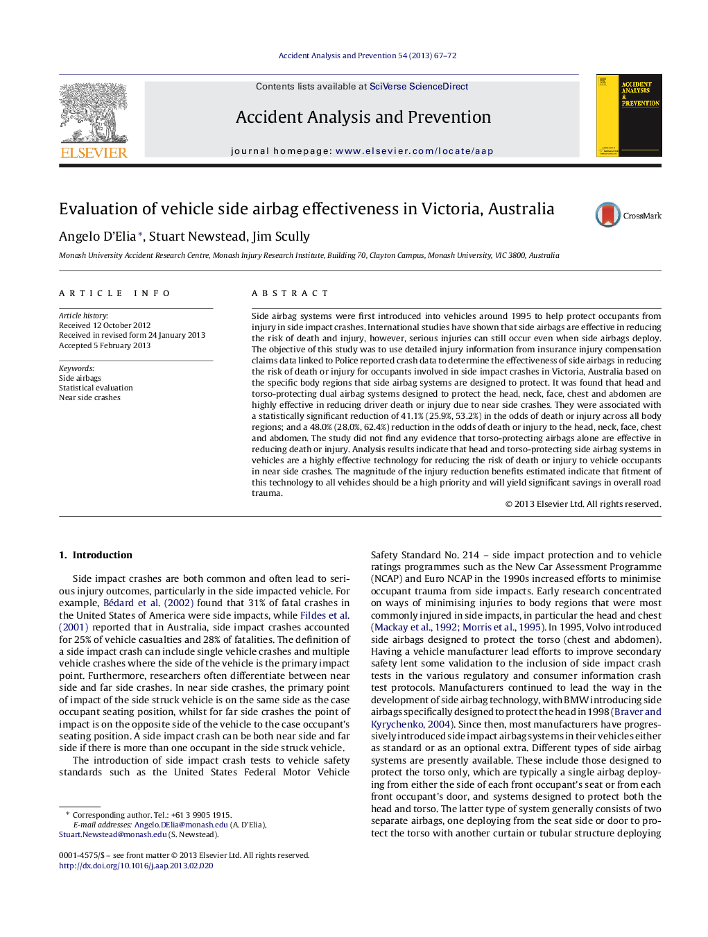 Evaluation of vehicle side airbag effectiveness in Victoria, Australia