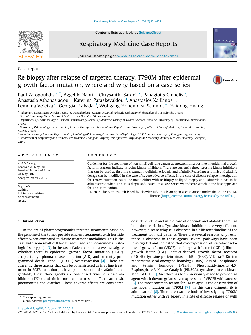 Case reportRe-biopsy after relapse of targeted therapy. T790M after epidermal growth factor mutation, where and why based on a case series