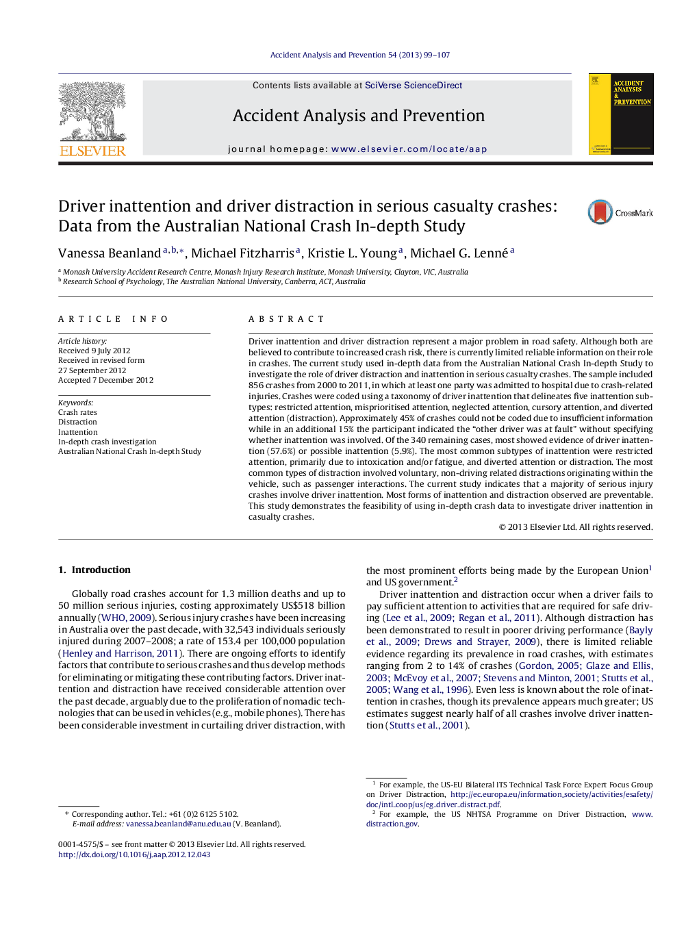 Driver inattention and driver distraction in serious casualty crashes: Data from the Australian National Crash In-depth Study