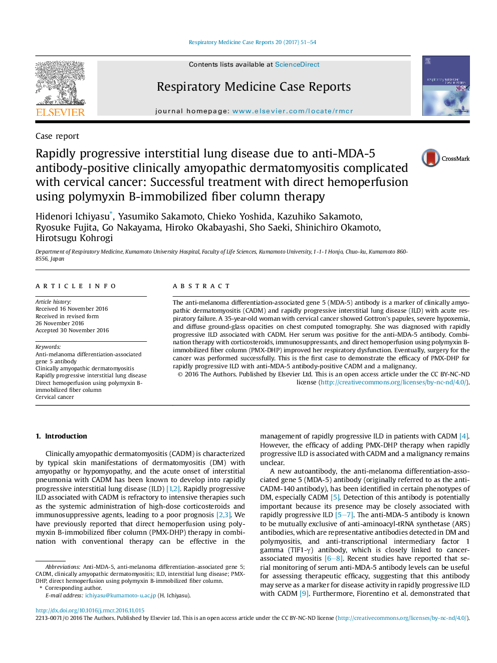 Case reportRapidly progressive interstitial lung disease due to anti-MDA-5 antibody-positive clinically amyopathic dermatomyositis complicated with cervical cancer: Successful treatment with direct hemoperfusion using polymyxin B-immobilized fiber column 