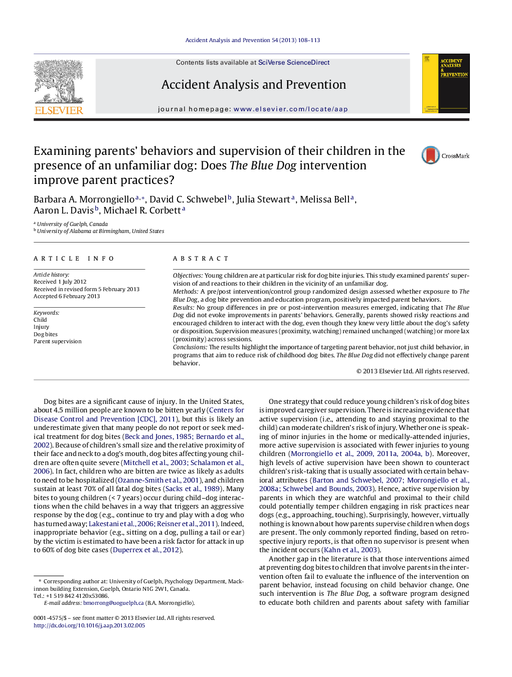 Examining parents’ behaviors and supervision of their children in the presence of an unfamiliar dog: Does The Blue Dog intervention improve parent practices?