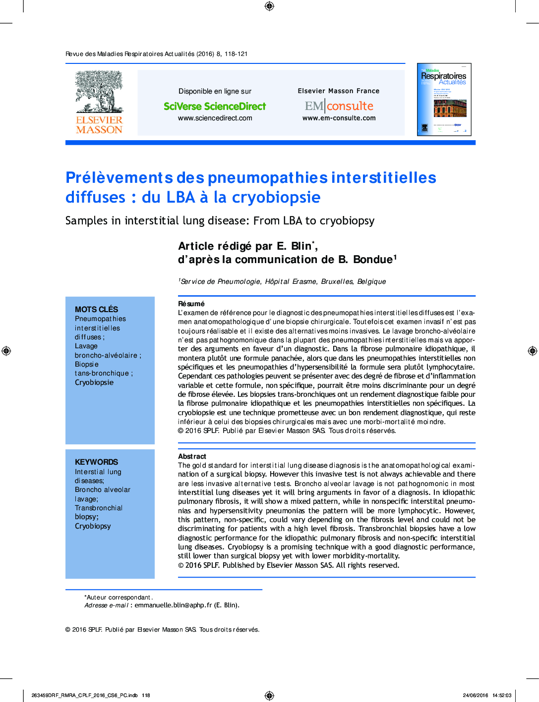 PrélÃ¨vements des pneumopathies interstitielles diffuses : du LBA Ã  la cryobiopsie