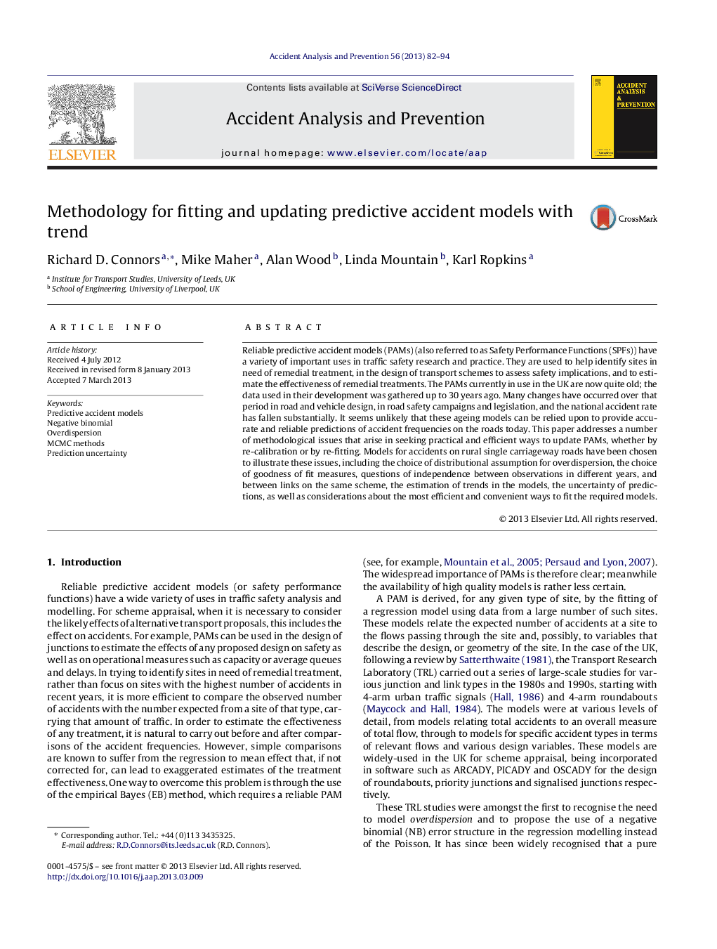 Methodology for fitting and updating predictive accident models with trend