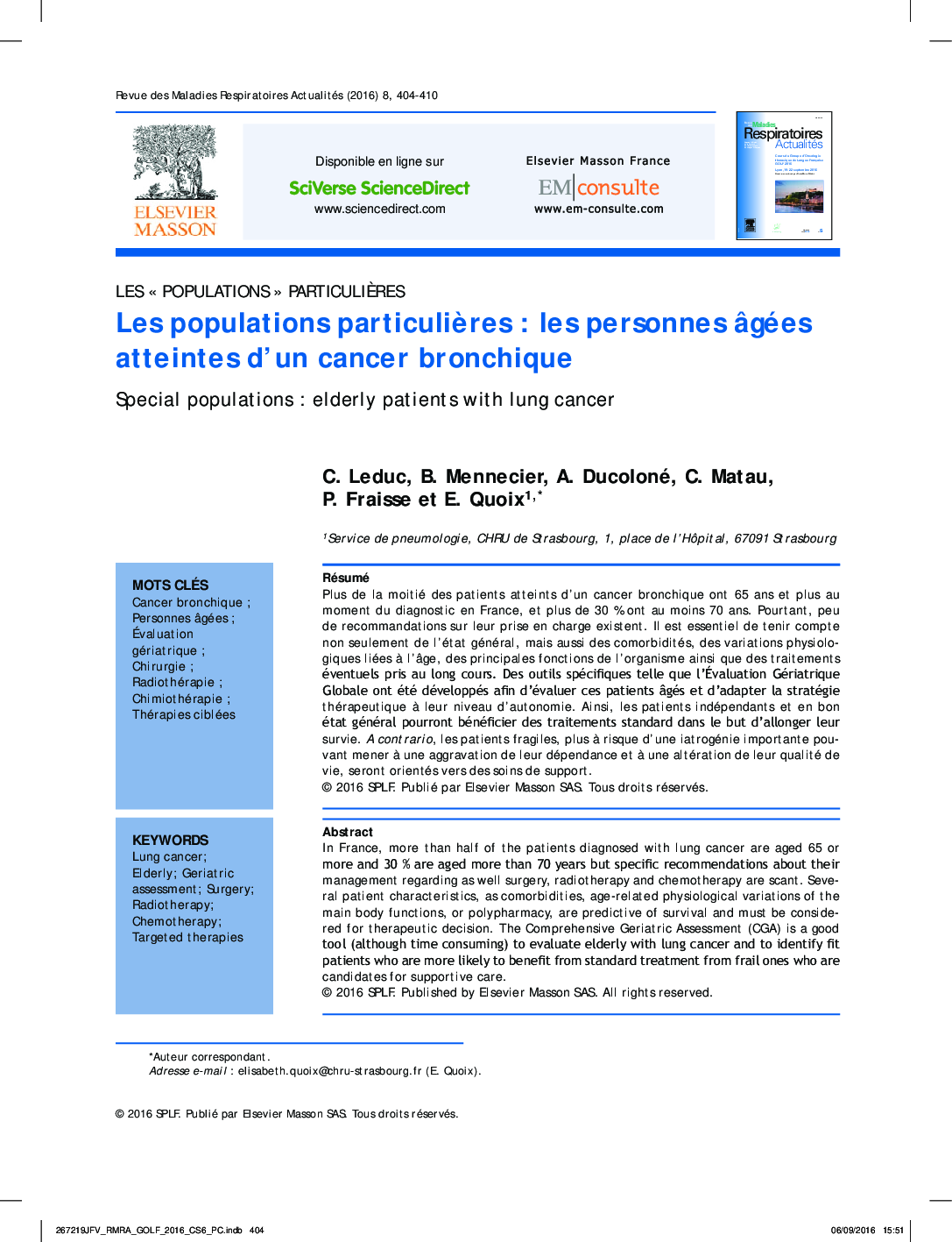 Les populations particuliÃ¨res : les personnes Ã¢gées atteintes d'un cancer bronchique