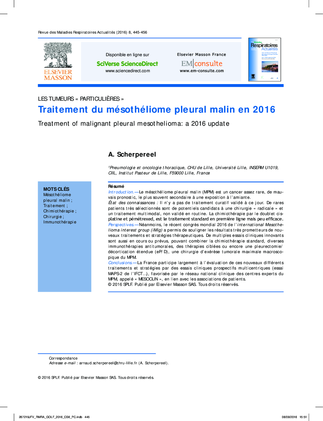 Traitement du mésothéliome pleural malin en 2016