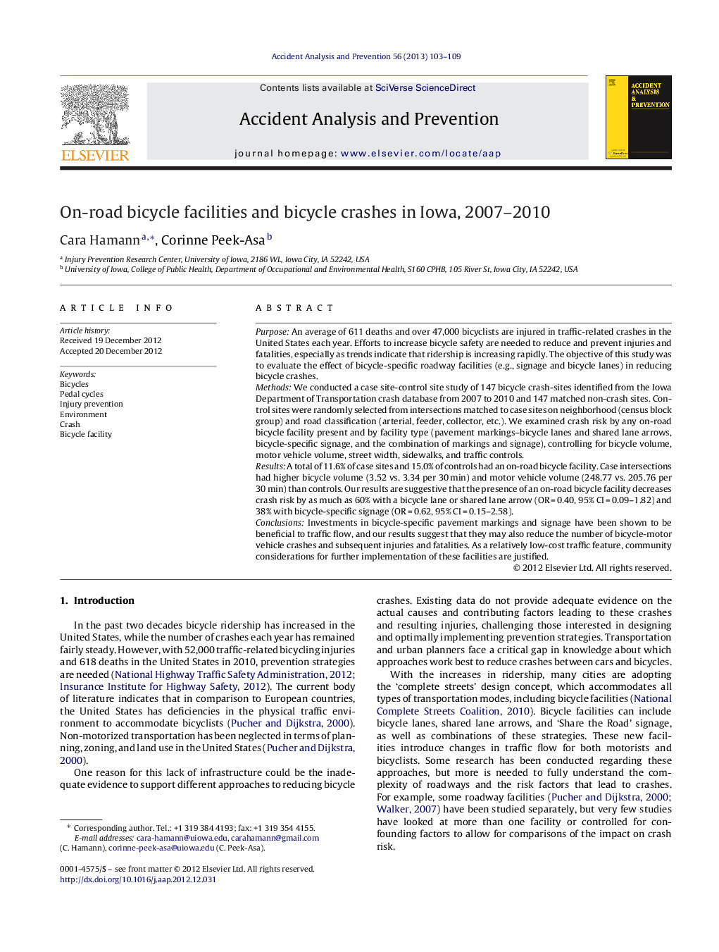 On-road bicycle facilities and bicycle crashes in Iowa, 2007–2010