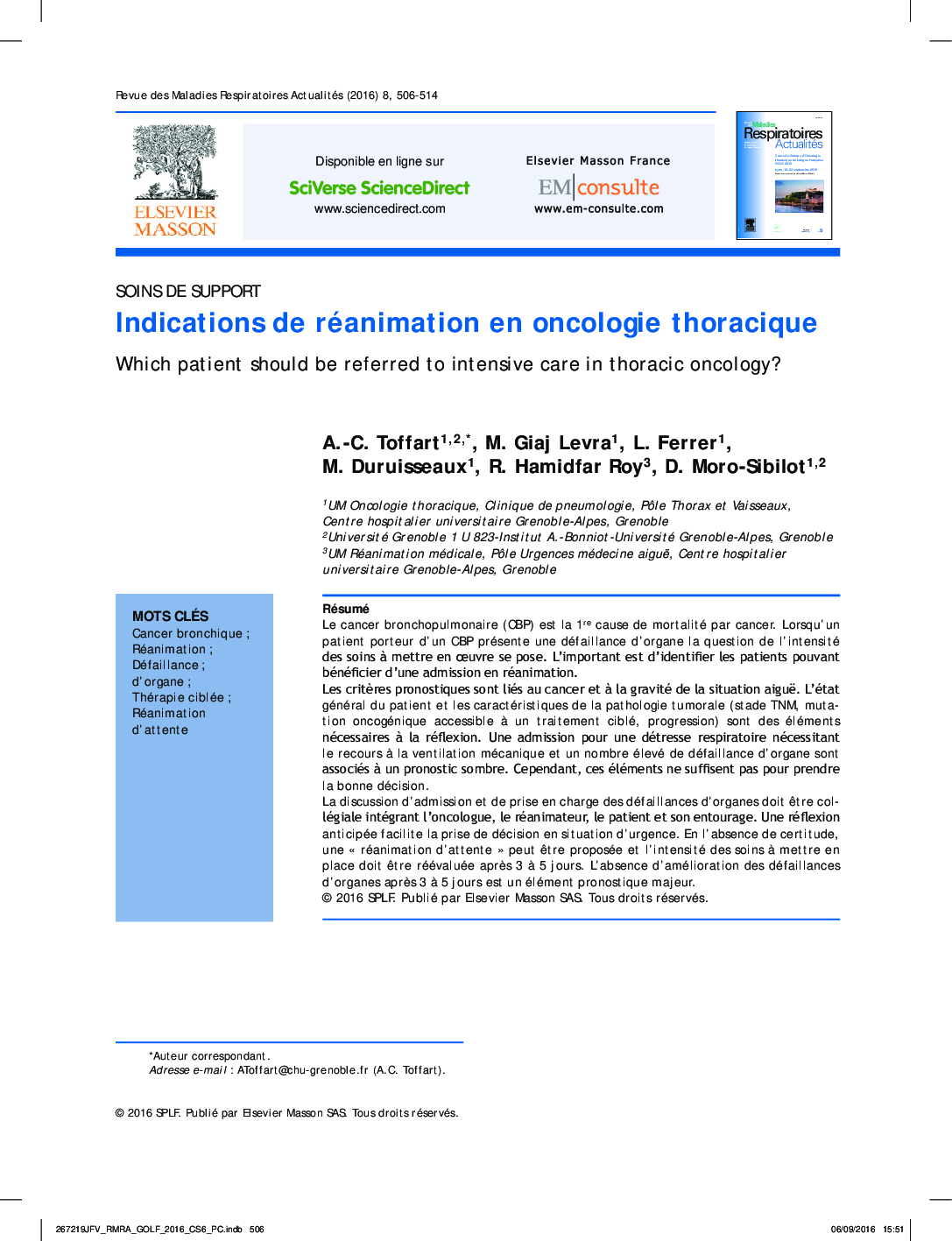 Indications de réanimation en oncologie thoracique