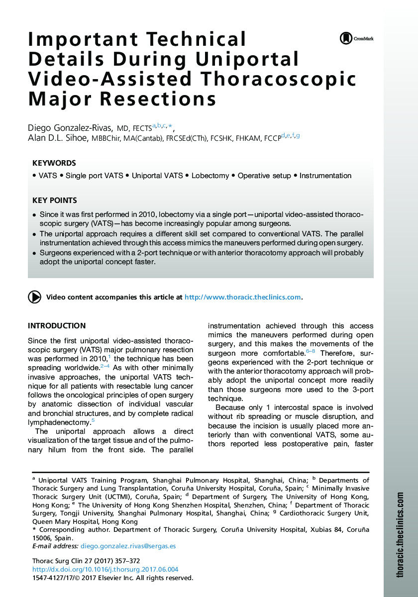 Important Technical Details During Uniportal Video-Assisted Thoracoscopic Major Resections