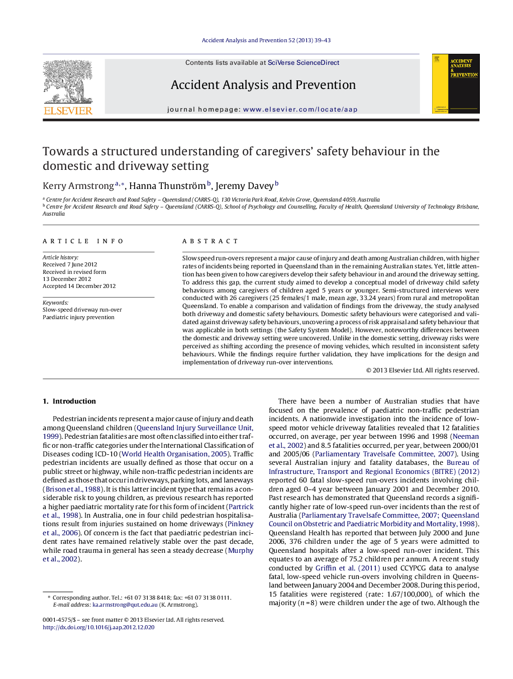 Towards a structured understanding of caregivers’ safety behaviour in the domestic and driveway setting