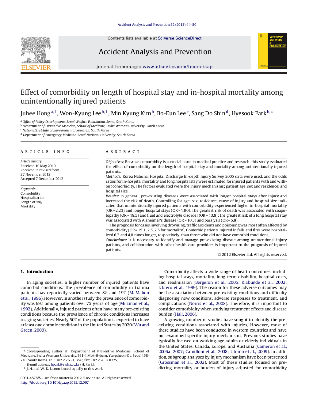 Effect of comorbidity on length of hospital stay and in-hospital mortality among unintentionally injured patients