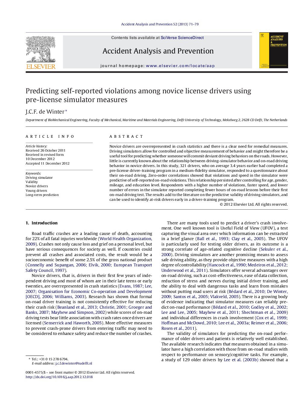 Predicting self-reported violations among novice license drivers using pre-license simulator measures