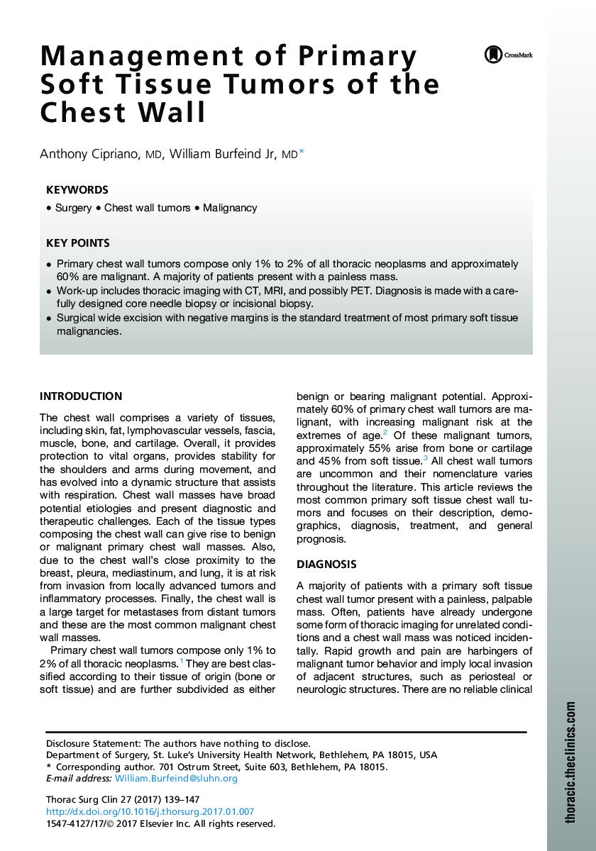 Management of Primary Soft Tissue Tumors of the Chest Wall