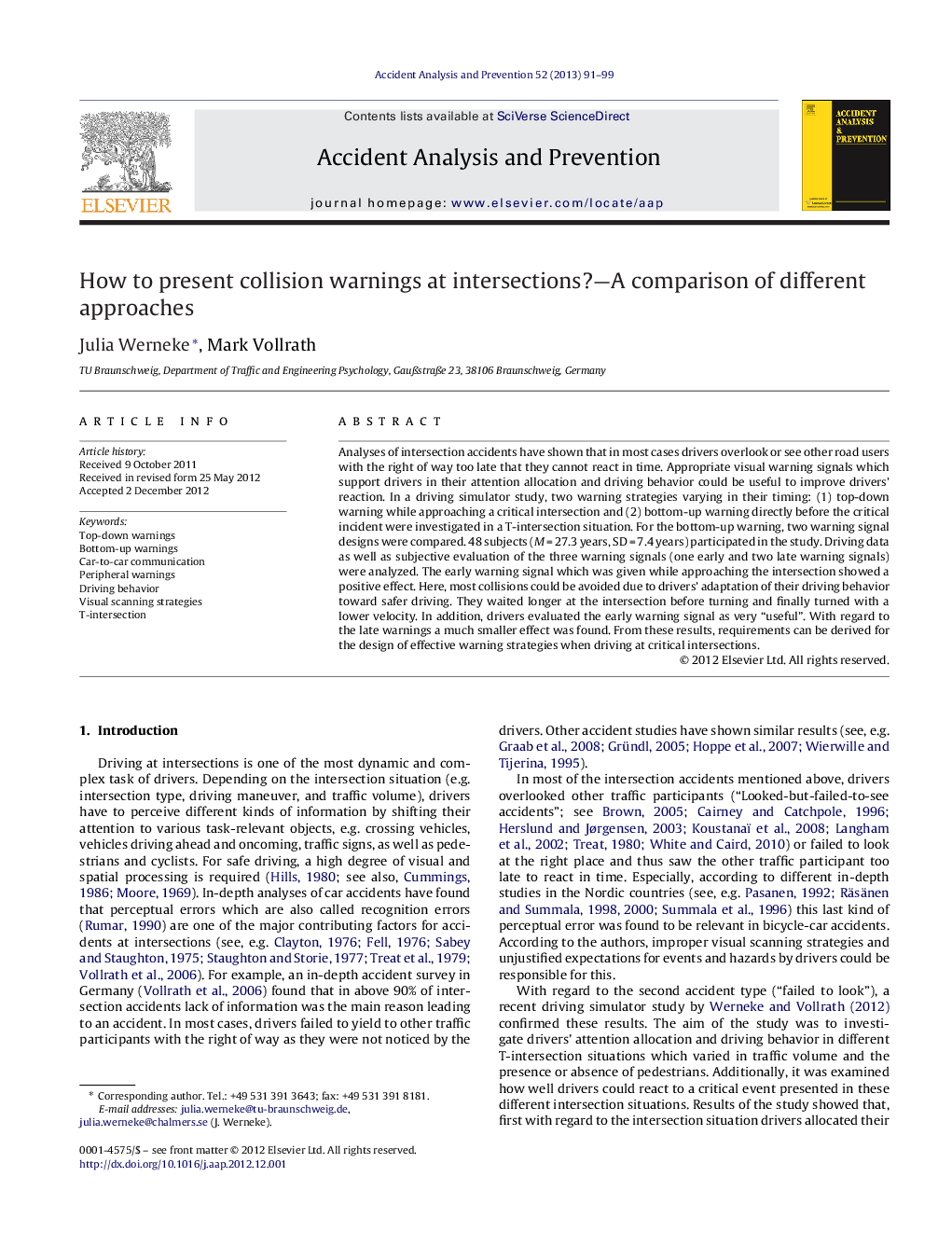 How to present collision warnings at intersections?—A comparison of different approaches