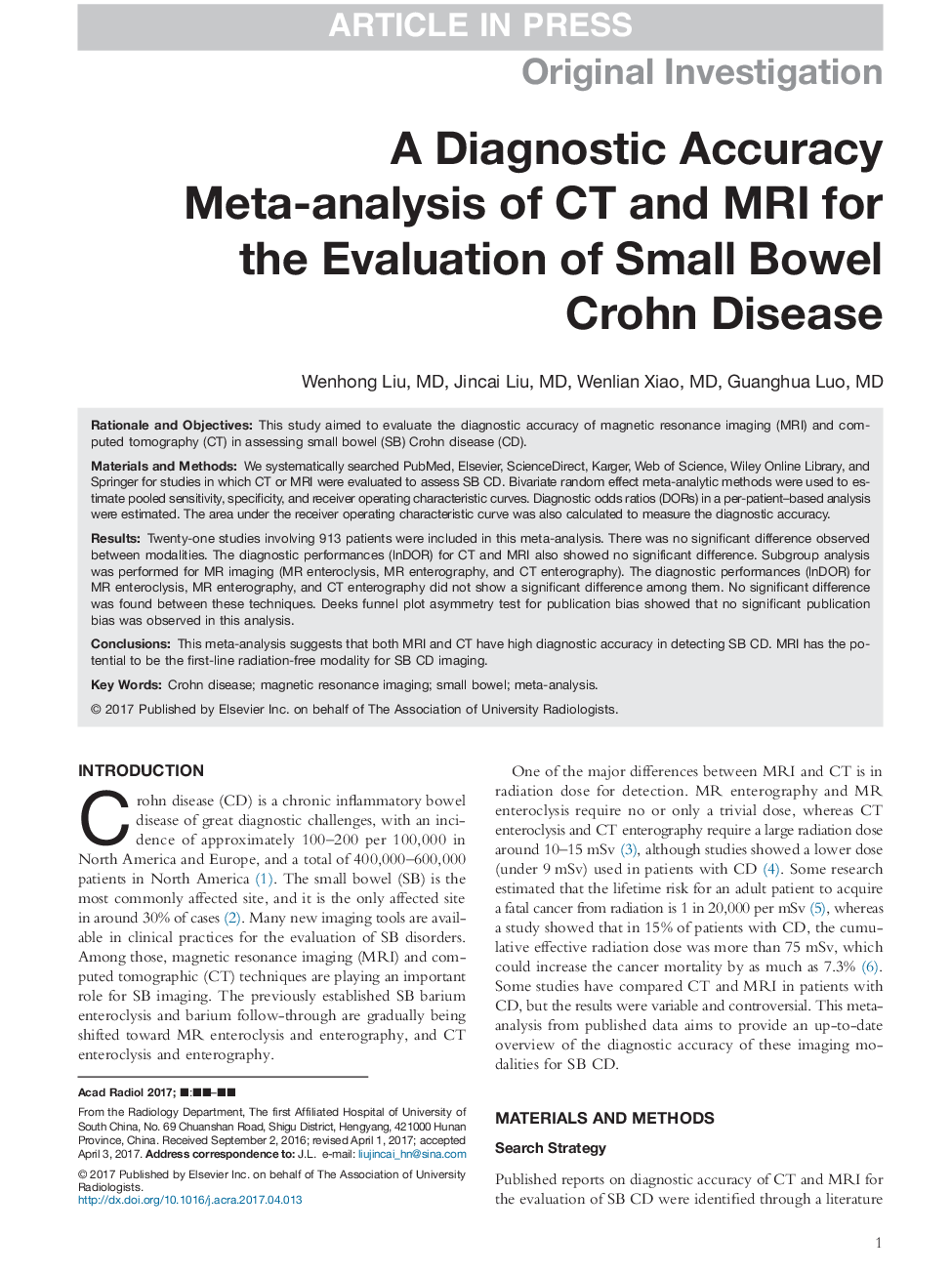 A Diagnostic Accuracy Meta-analysis of CT and MRI for the Evaluation of Small Bowel Crohn Disease