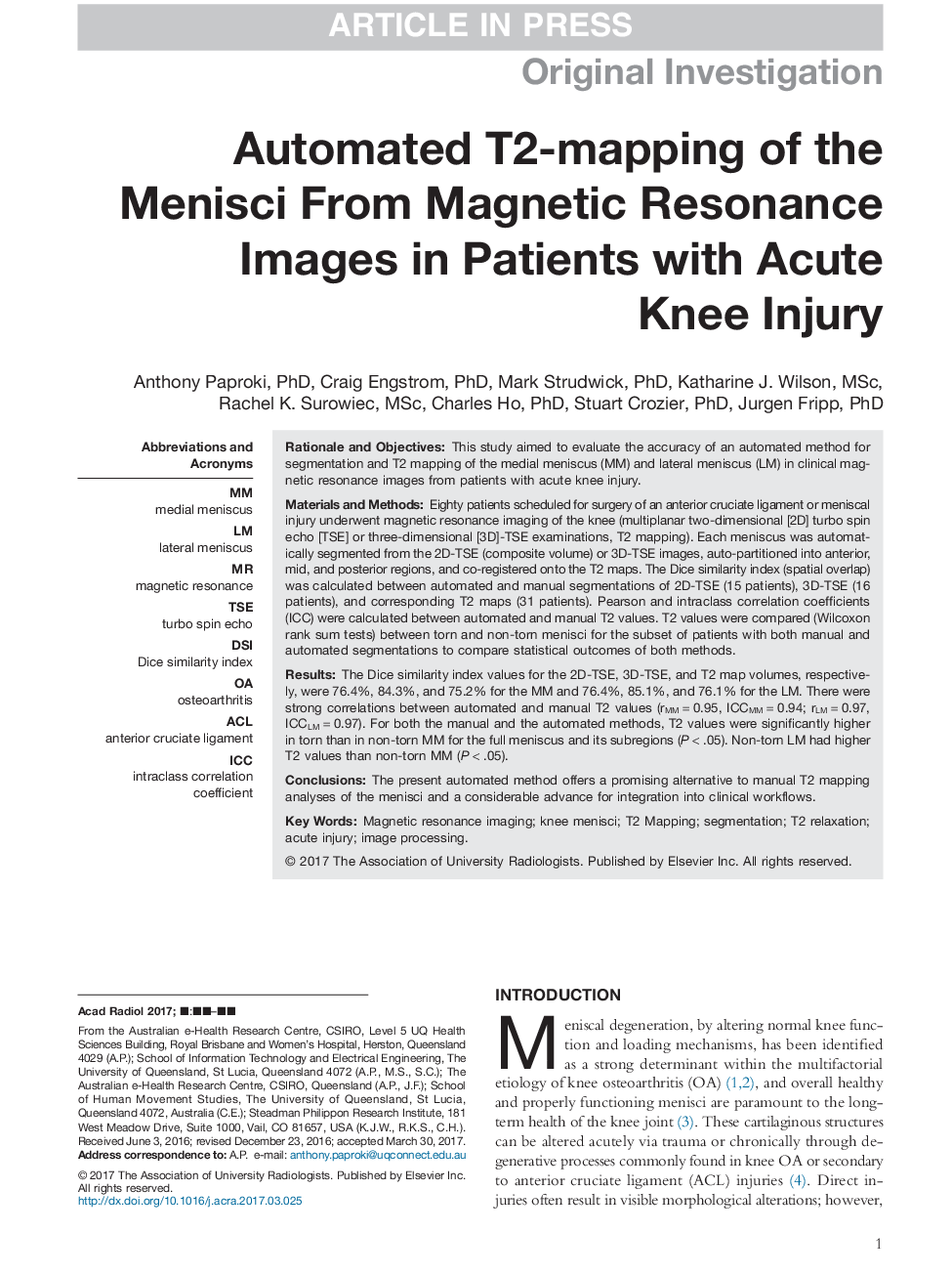 Automated T2-mapping of the Menisci From Magnetic Resonance Images in Patients with Acute Knee Injury
