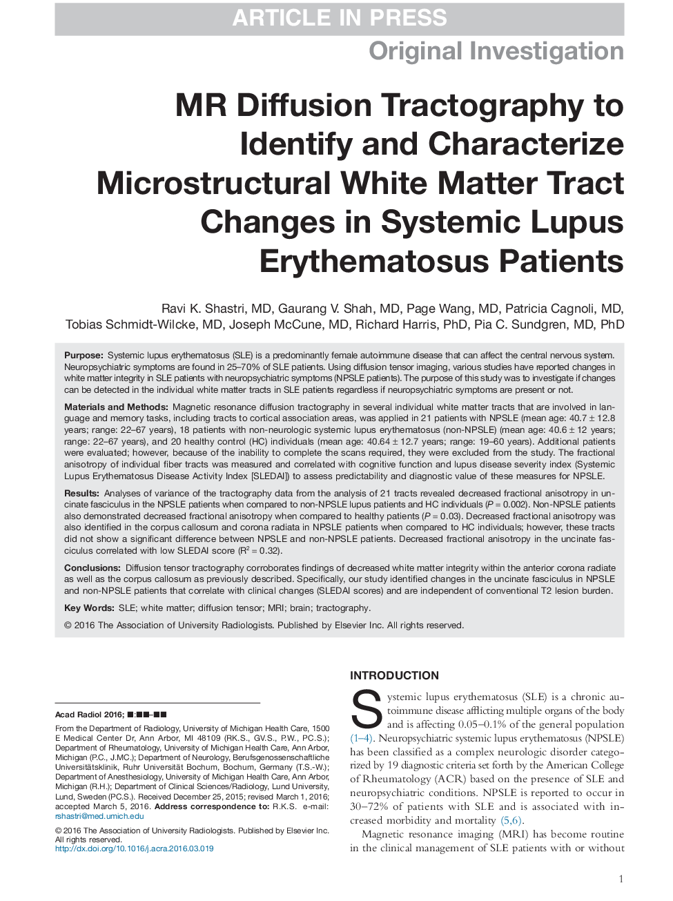 MR Diffusion Tractography to Identify and Characterize Microstructural White Matter Tract Changes in Systemic Lupus Erythematosus Patients