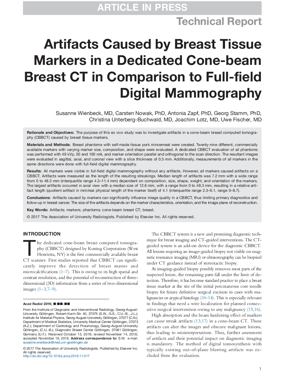 Artifacts Caused by Breast Tissue Markers in a Dedicated Cone-beam Breast CT in Comparison to Full-field Digital Mammography