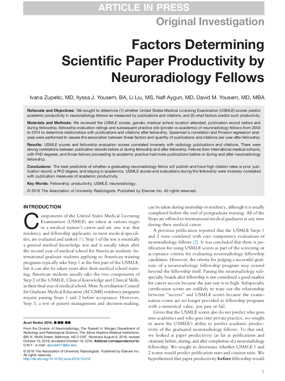 Factors Determining Scientific Paper Productivity by Neuroradiology Fellows