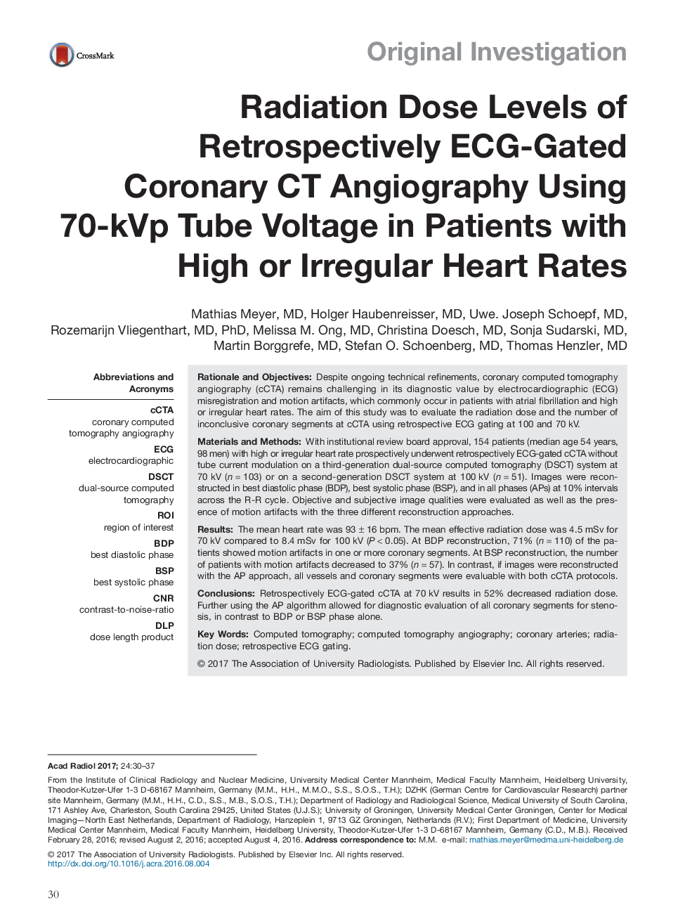 Radiation Dose Levels of Retrospectively ECG-Gated Coronary CT Angiography Using 70-kVp Tube Voltage in Patients with High or Irregular Heart Rates