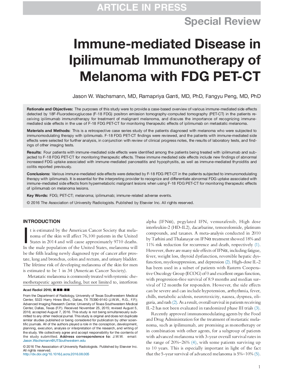 Immune-mediated Disease in Ipilimumab Immunotherapy of Melanoma with FDG PET-CT