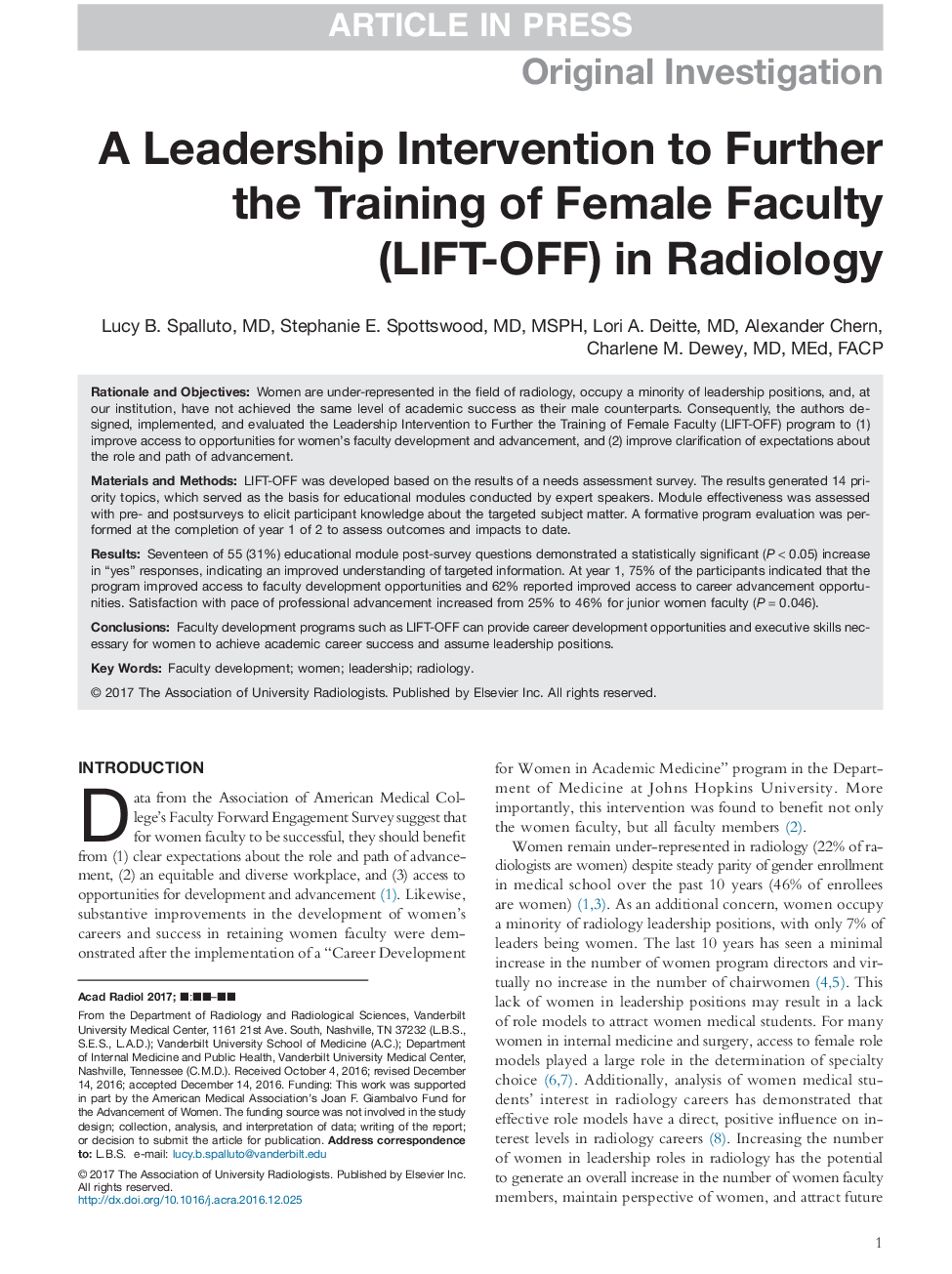 A Leadership Intervention to Further the Training of Female Faculty (LIFT-OFF) in Radiology