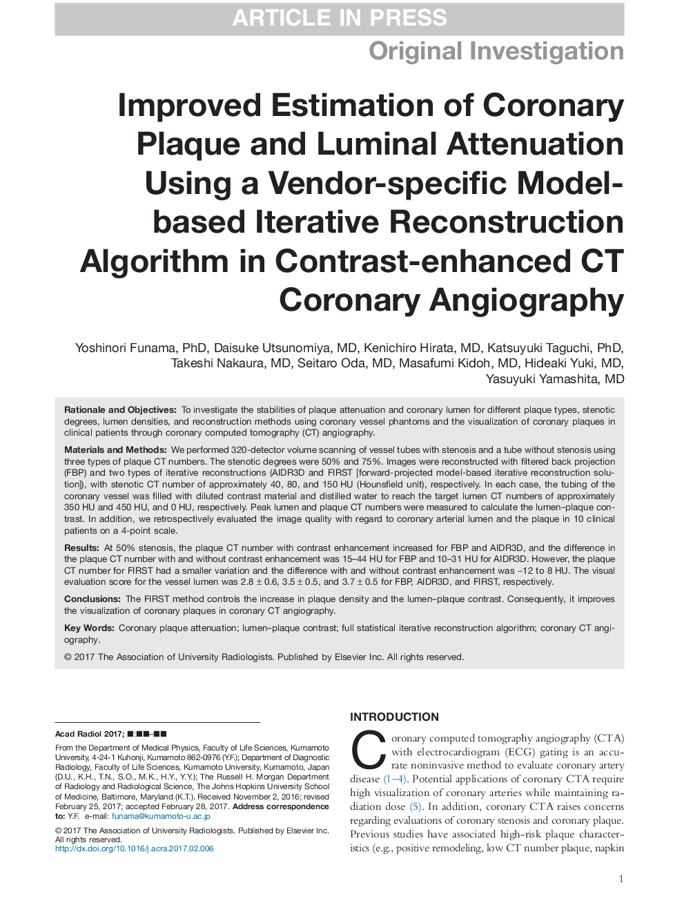 Improved Estimation of Coronary Plaque and Luminal Attenuation Using a Vendor-specific Model-based Iterative Reconstruction Algorithm in Contrast-enhanced CT Coronary Angiography