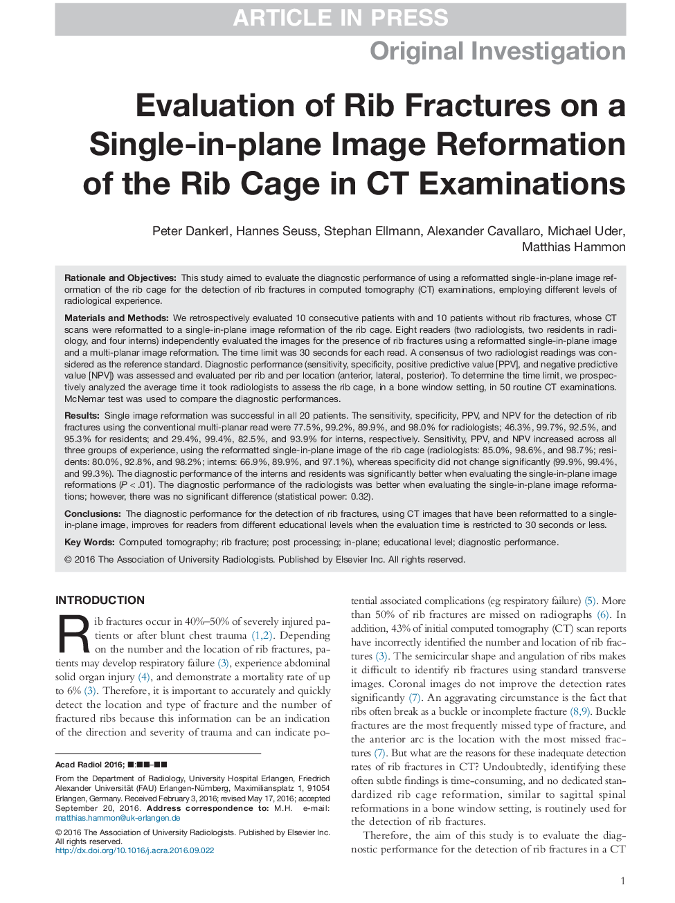 Evaluation of Rib Fractures on a Single-in-plane Image Reformation of the Rib Cage in CT Examinations
