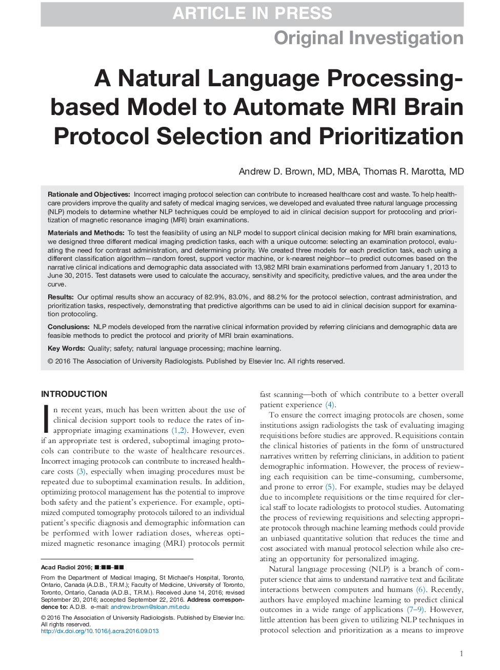 A Natural Language Processing-based Model to Automate MRI Brain Protocol Selection and Prioritization