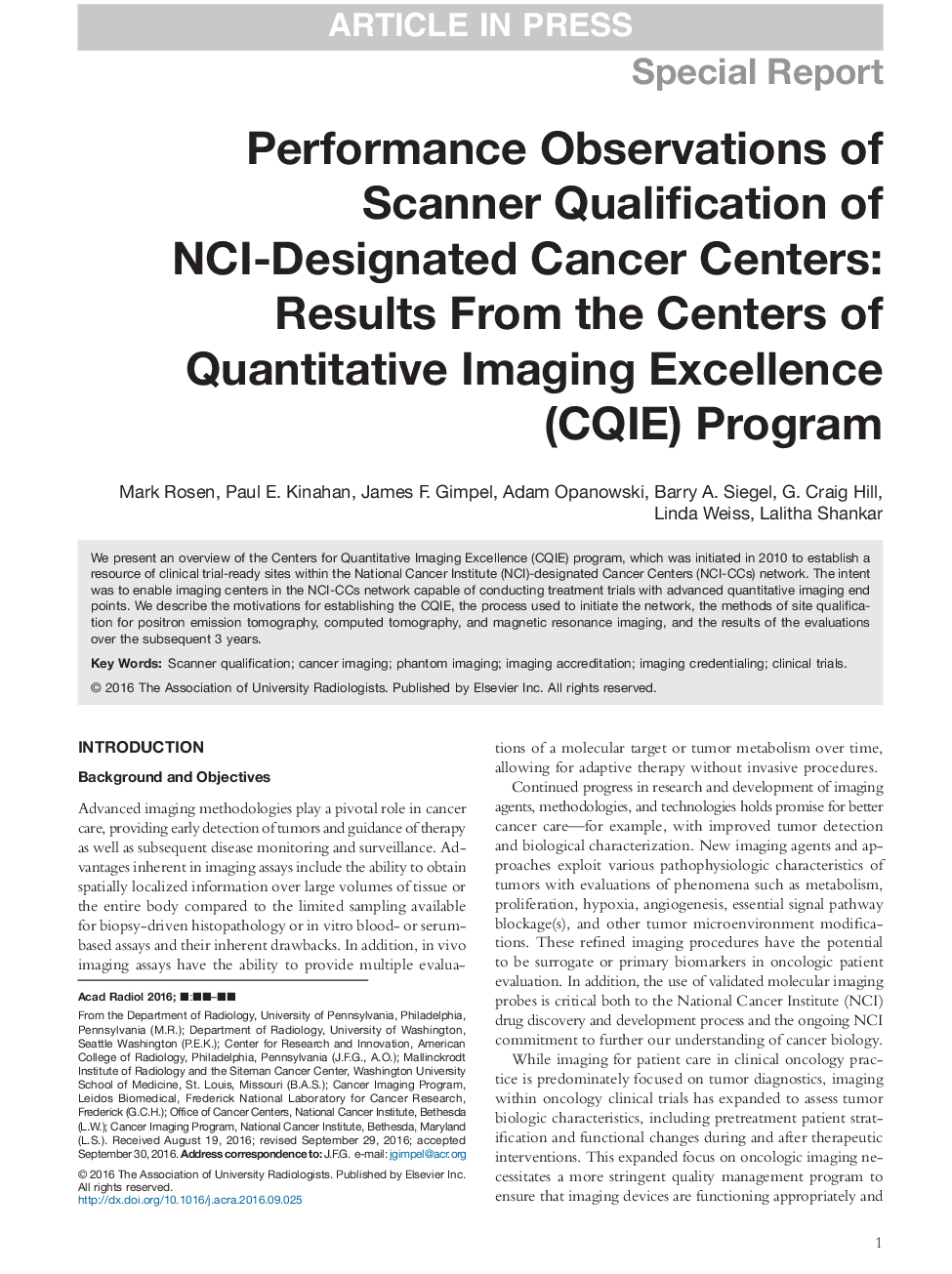 Performance Observations of Scanner Qualification of NCI-Designated Cancer Centers: Results From the Centers of Quantitative Imaging Excellence (CQIE) Program