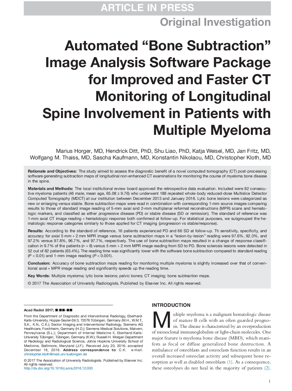 Automated “Bone Subtraction” Image Analysis Software Package for Improved and Faster CT Monitoring of Longitudinal Spine Involvement in Patients with Multiple Myeloma