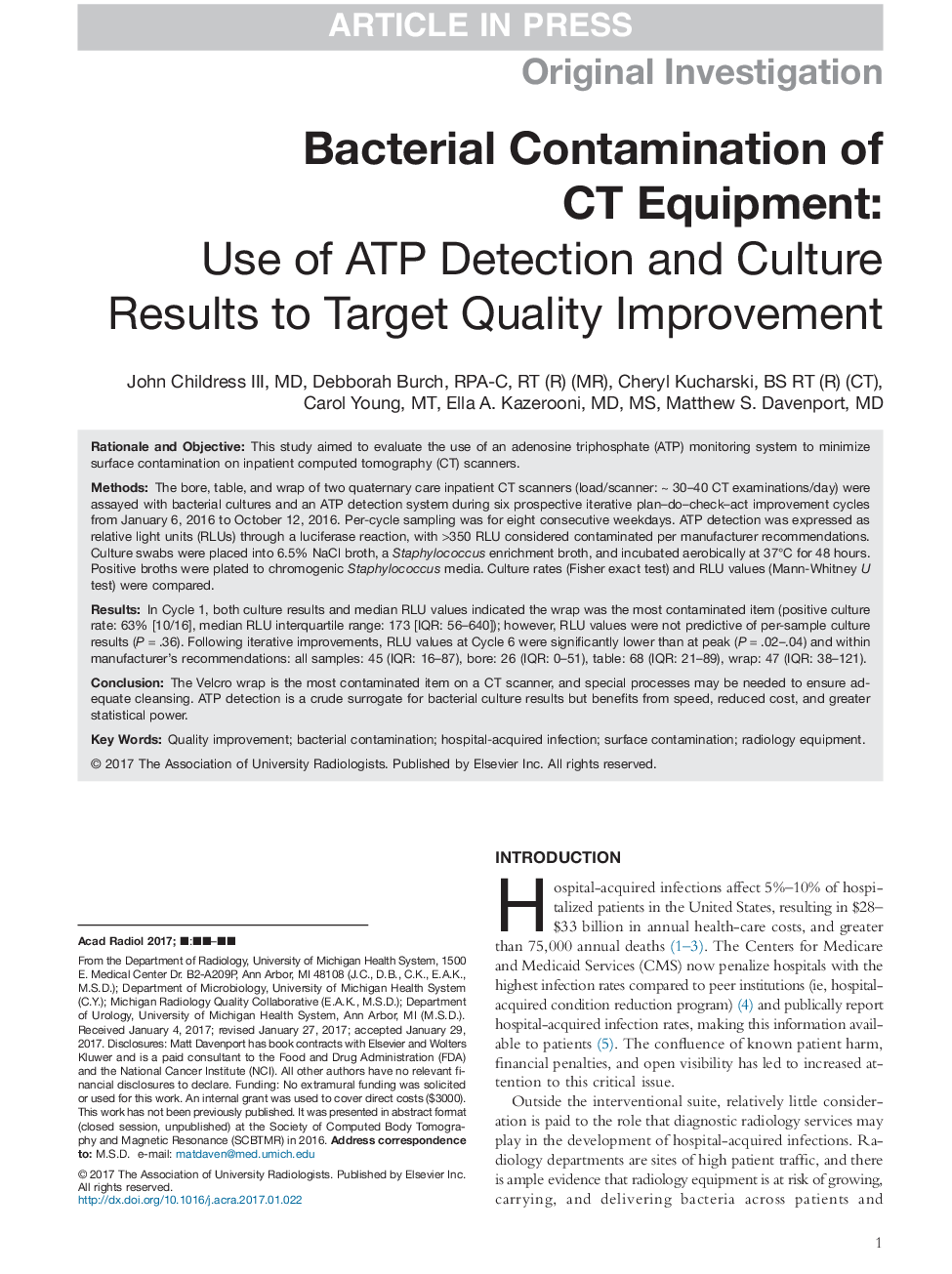 Bacterial Contamination of CT Equipment