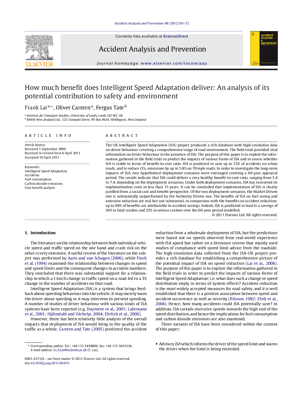 How much benefit does Intelligent Speed Adaptation deliver: An analysis of its potential contribution to safety and environment