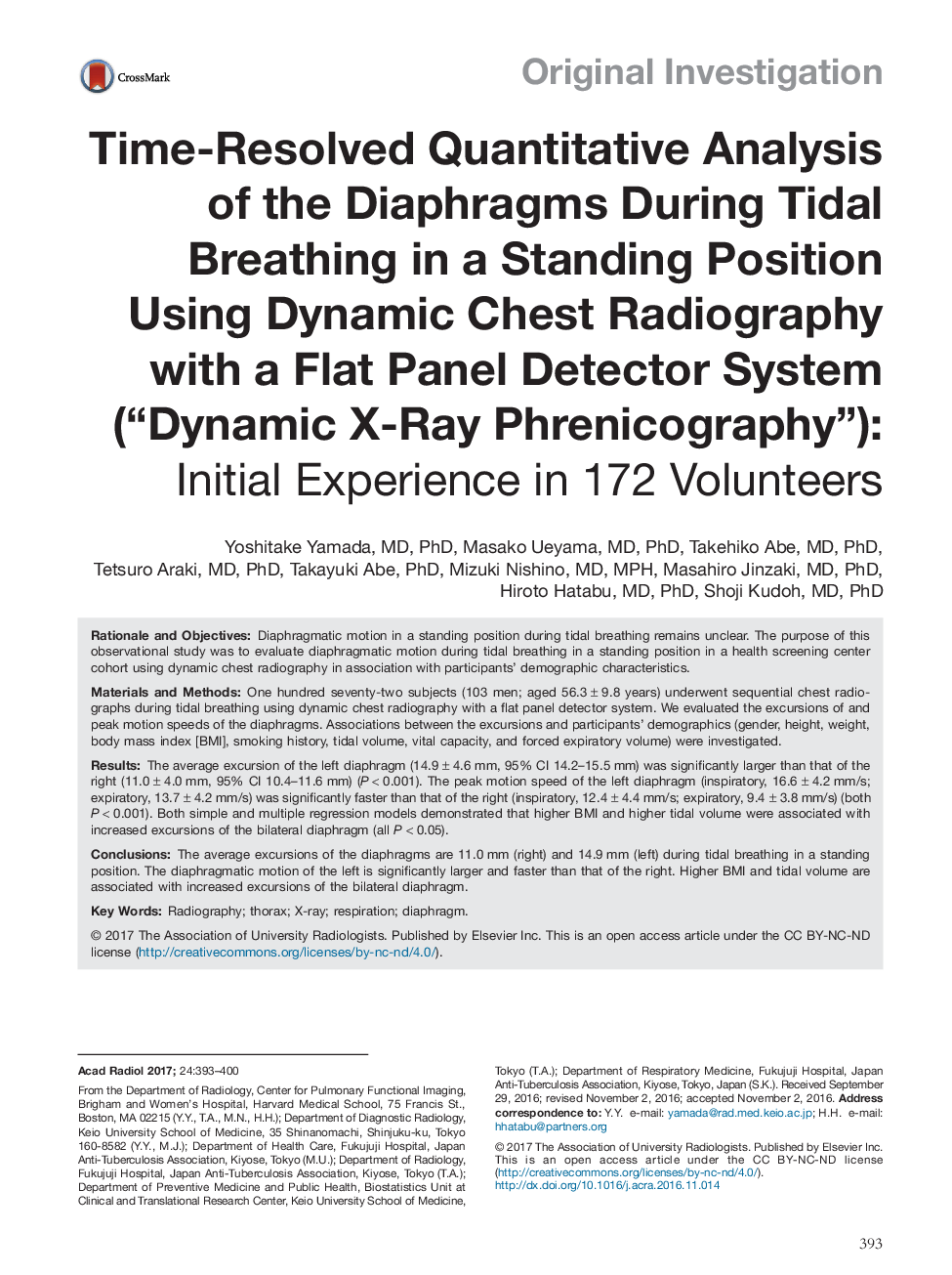 Original InvestigationTime-Resolved Quantitative Analysis of the Diaphragms During Tidal Breathing in a Standing Position Using Dynamic Chest Radiography with a Flat Panel Detector System (“Dynamic X-Ray Phrenicography”): Initial Experience in 172 Vol