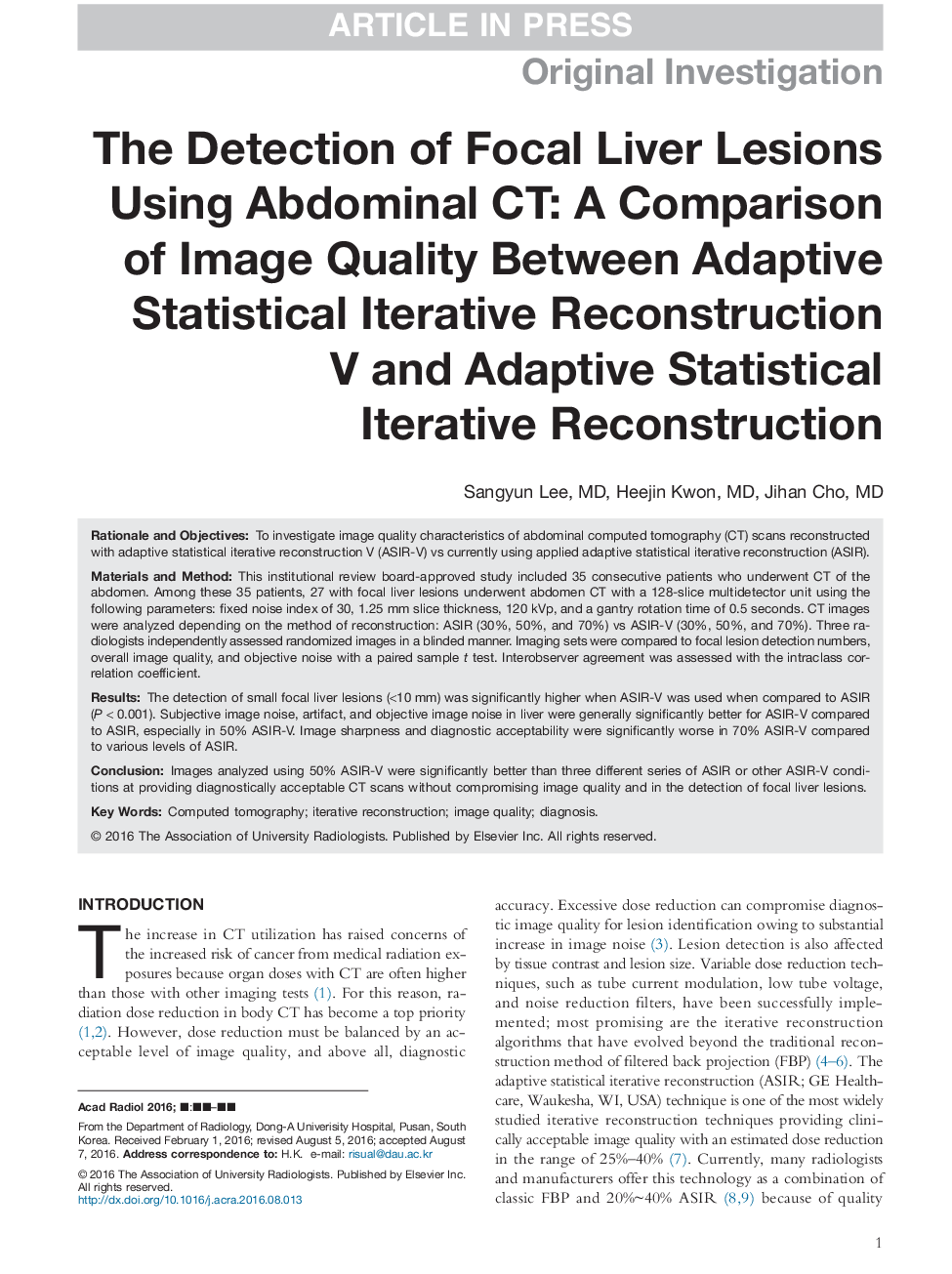 The Detection of Focal Liver Lesions Using Abdominal CT: A Comparison of Image Quality Between Adaptive Statistical Iterative Reconstruction V and Adaptive Statistical Iterative Reconstruction