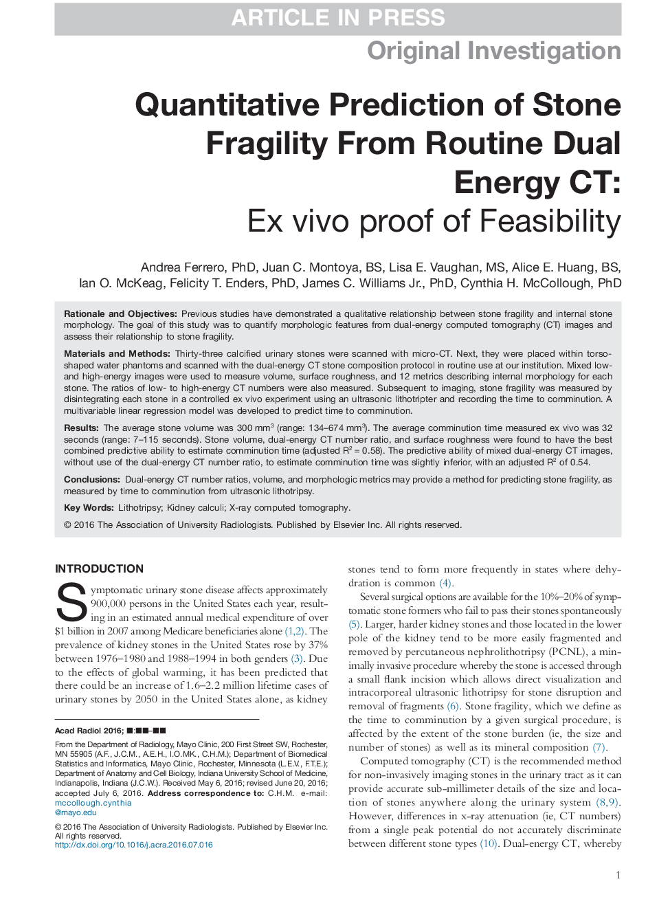 Quantitative Prediction of Stone Fragility From Routine Dual Energy CT