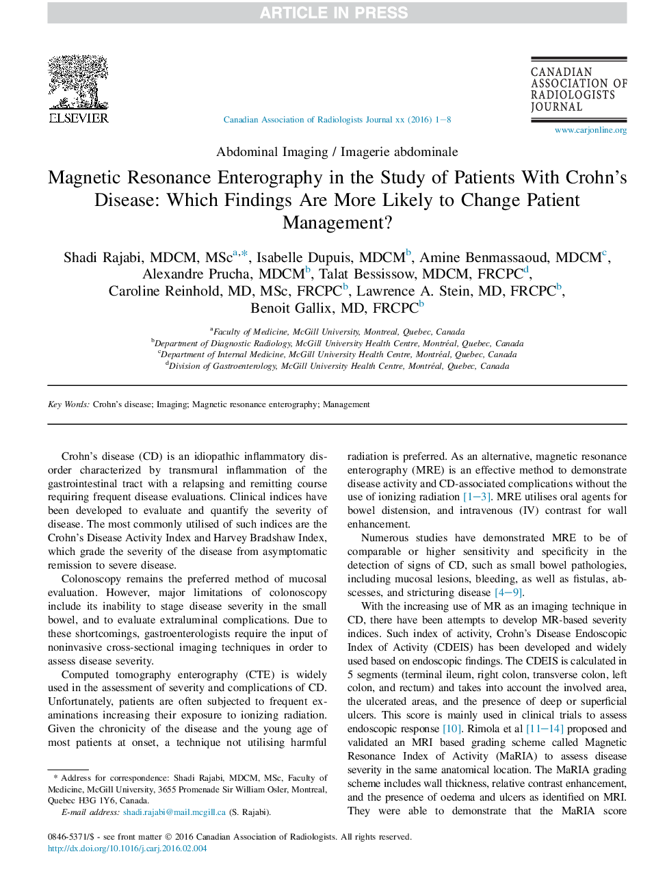 تومور مغناطیسی رزونانس مغناطیسی در مطالعه بیماران مبتلا به بیماری کرون: کدام یافته بیشتر به تغییر مدیریت بیمار بستگی دارد؟ 