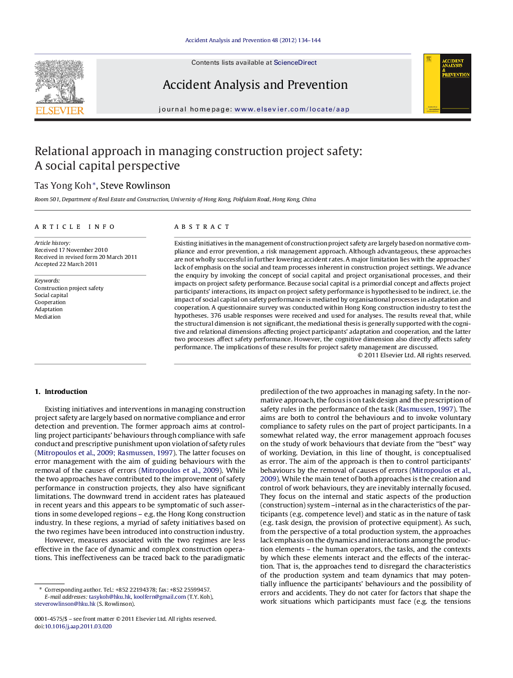 Relational approach in managing construction project safety: A social capital perspective