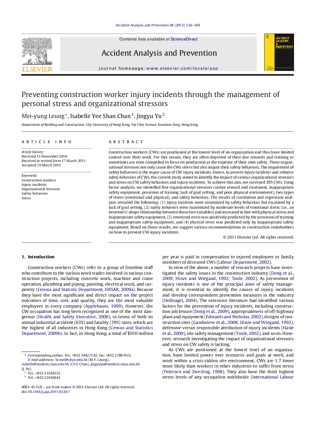 Preventing construction worker injury incidents through the management of personal stress and organizational stressors