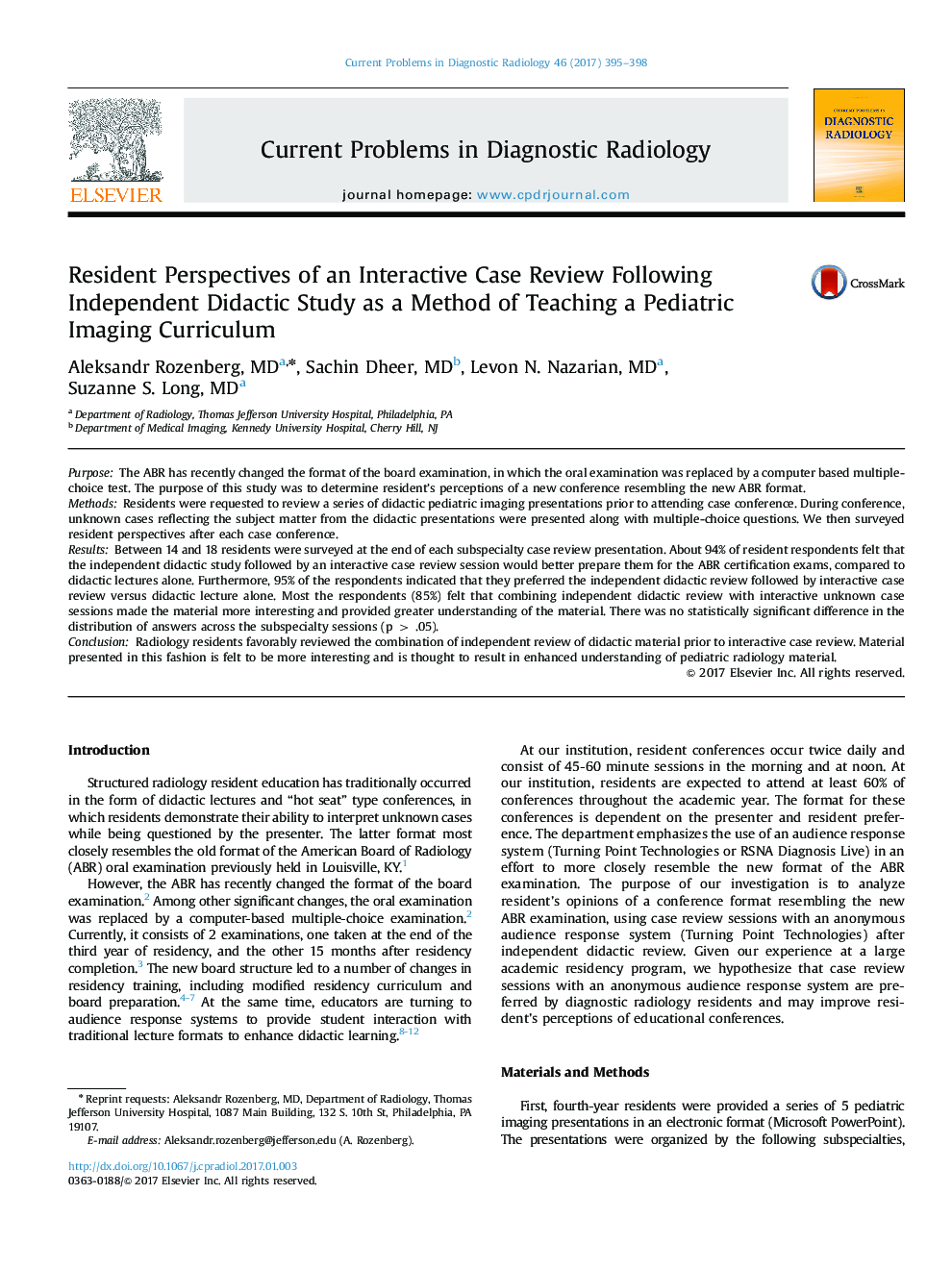 Resident Perspectives of an Interactive Case Review Following Independent Didactic Study as a Method of Teaching a Pediatric Imaging Curriculum