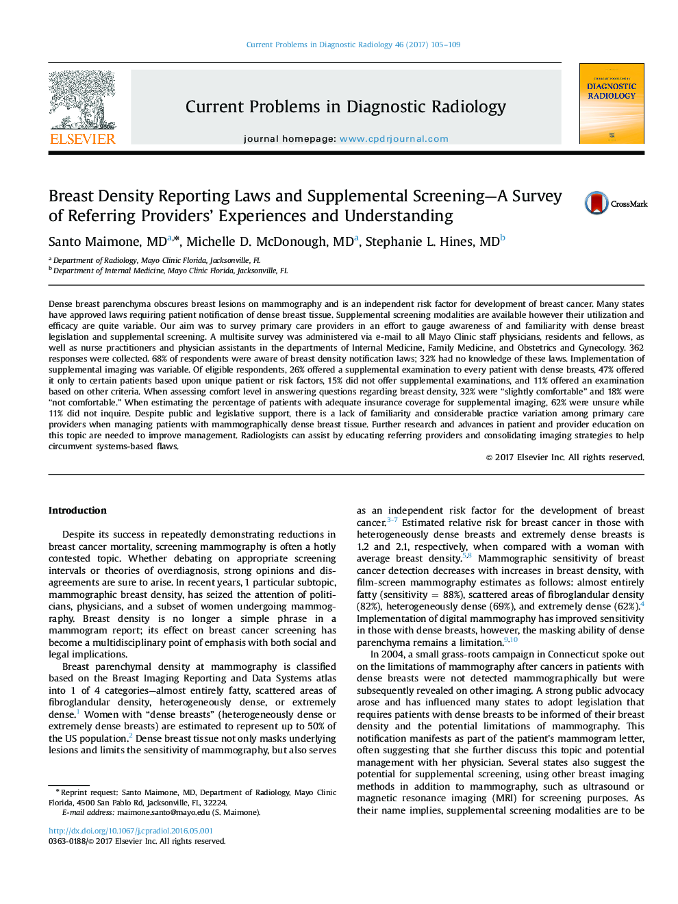 Breast Density Reporting Laws and Supplemental Screening-A Survey of Referring Providers' Experiences and Understanding