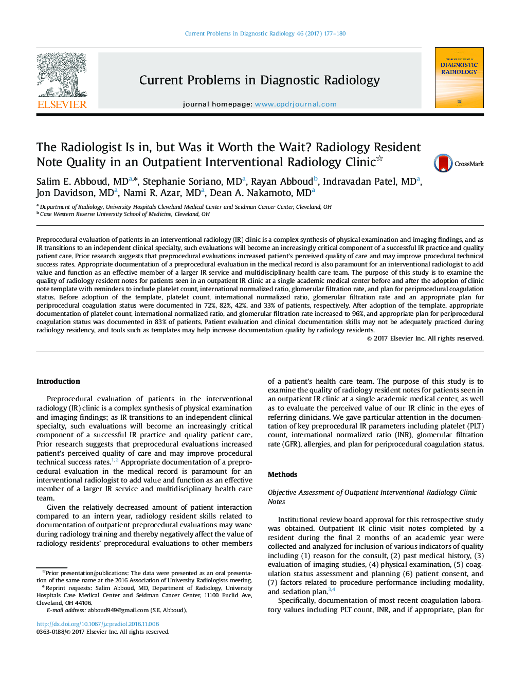 The Radiologist Is in, but Was it Worth the Wait? Radiology Resident Note Quality in an Outpatient Interventional Radiology Clinic