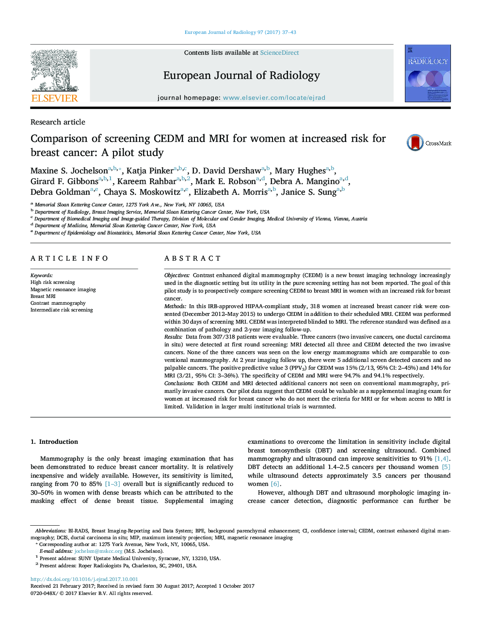 Research articleComparison of screening CEDM and MRI for women at increased risk for breast cancer: A pilot study