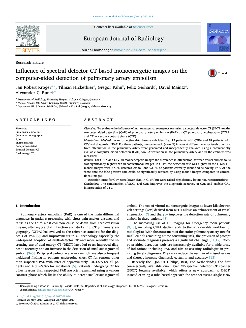 Research articleInfluence of spectral detector CT based monoenergetic images on the computer-aided detection of pulmonary artery embolism