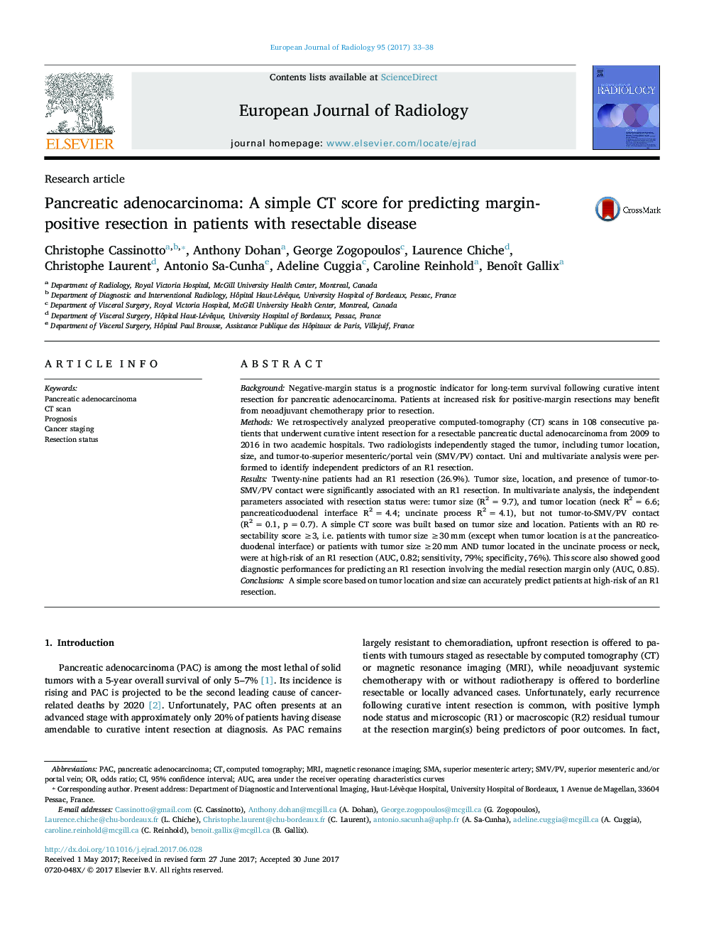 Research articlePancreatic adenocarcinoma: A simple CT score for predicting margin-positive resection in patients with resectable disease