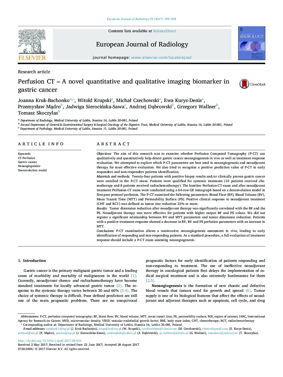 Research articlePerfusion CT - A novel quantitative and qualitative imaging biomarker in gastric cancer